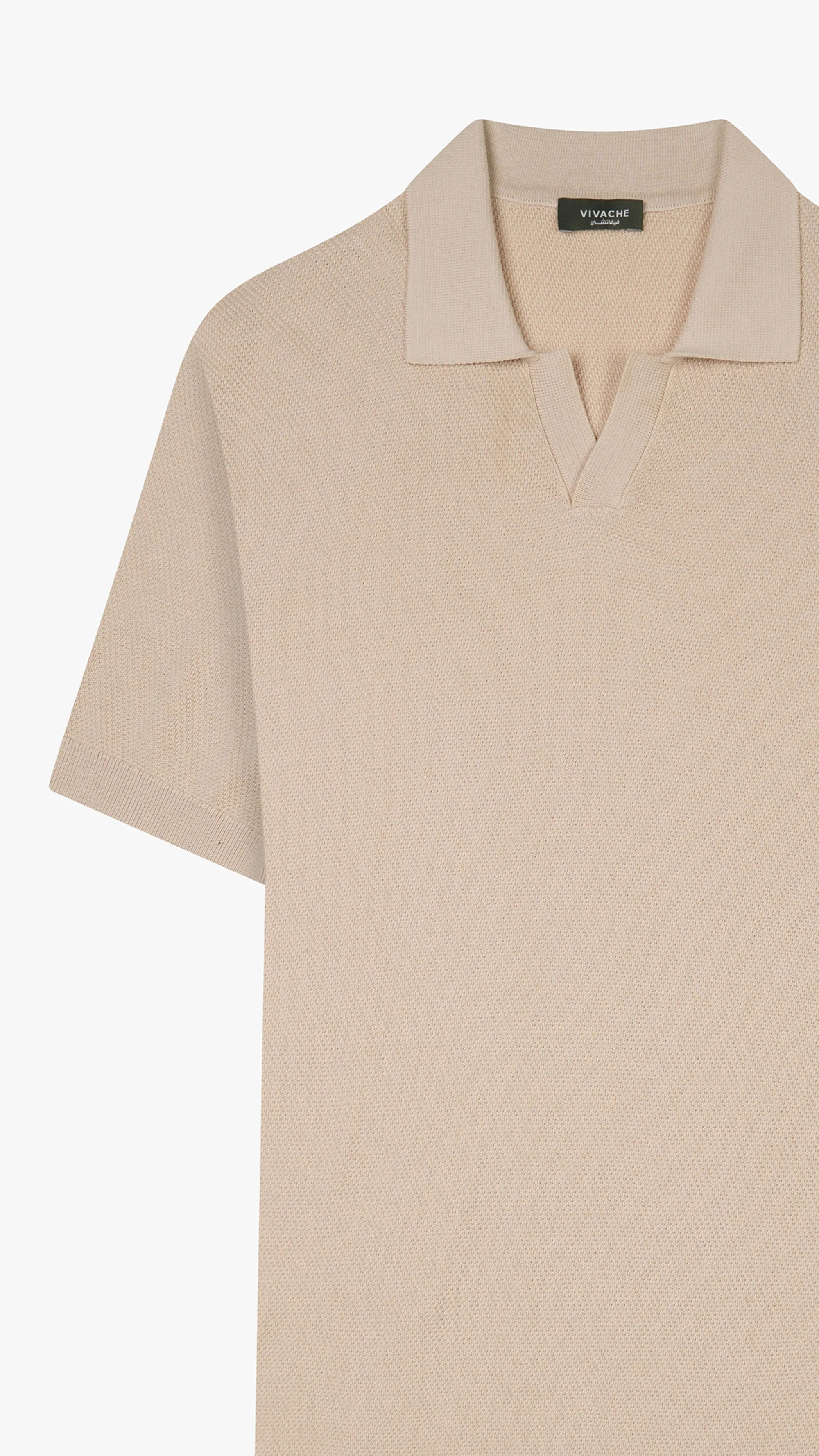 Textured Knit V Neck Polo Shirt
