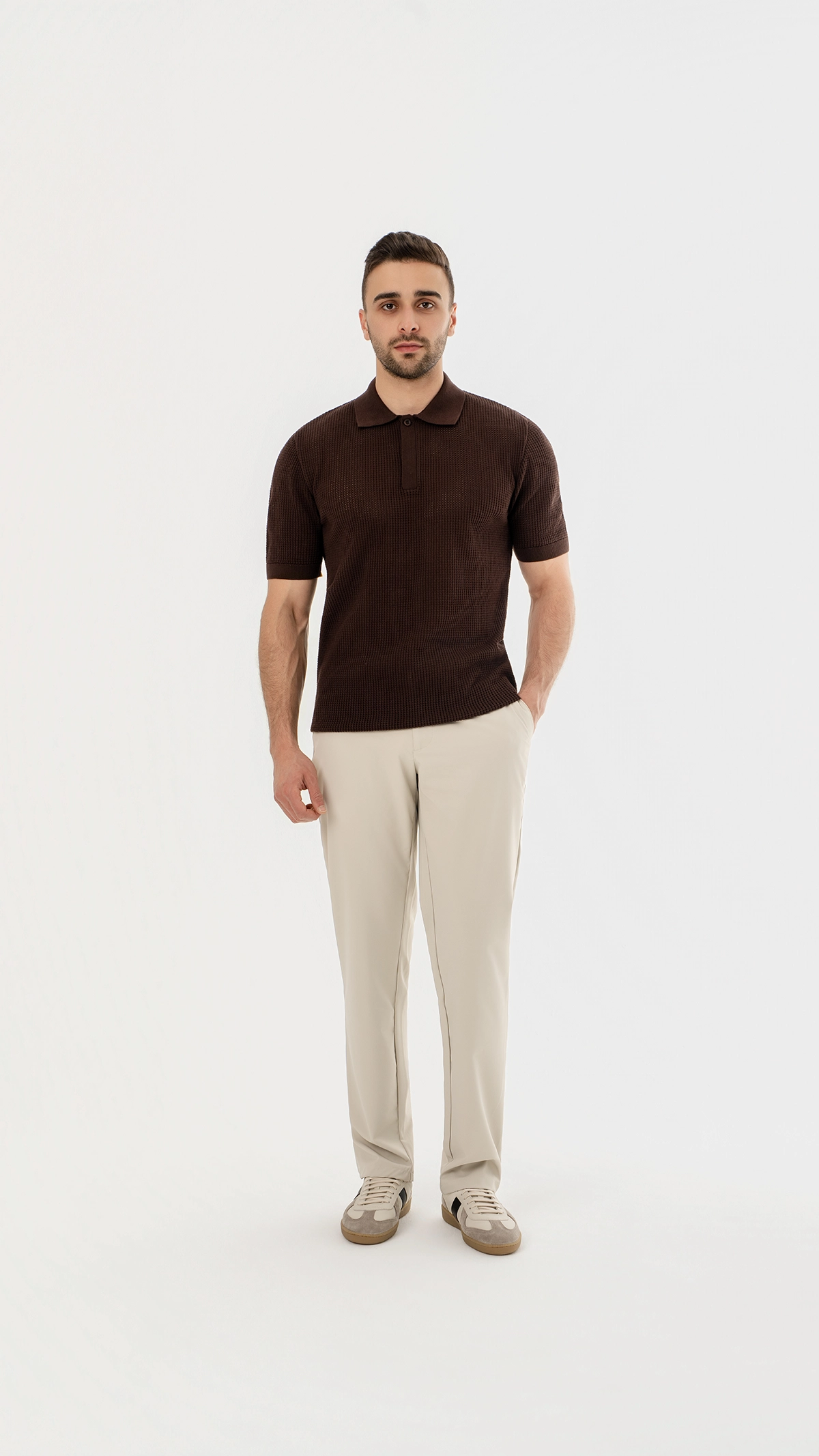 Waffle Knit Concealed Button Polo